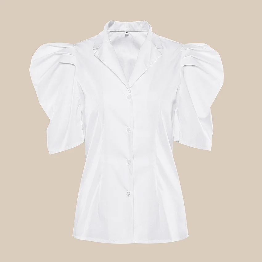 

2021 Summer New Women's White Shirt Short-sleeved V-neck Design Shirt Loose Puff Sleeve Top Blouse