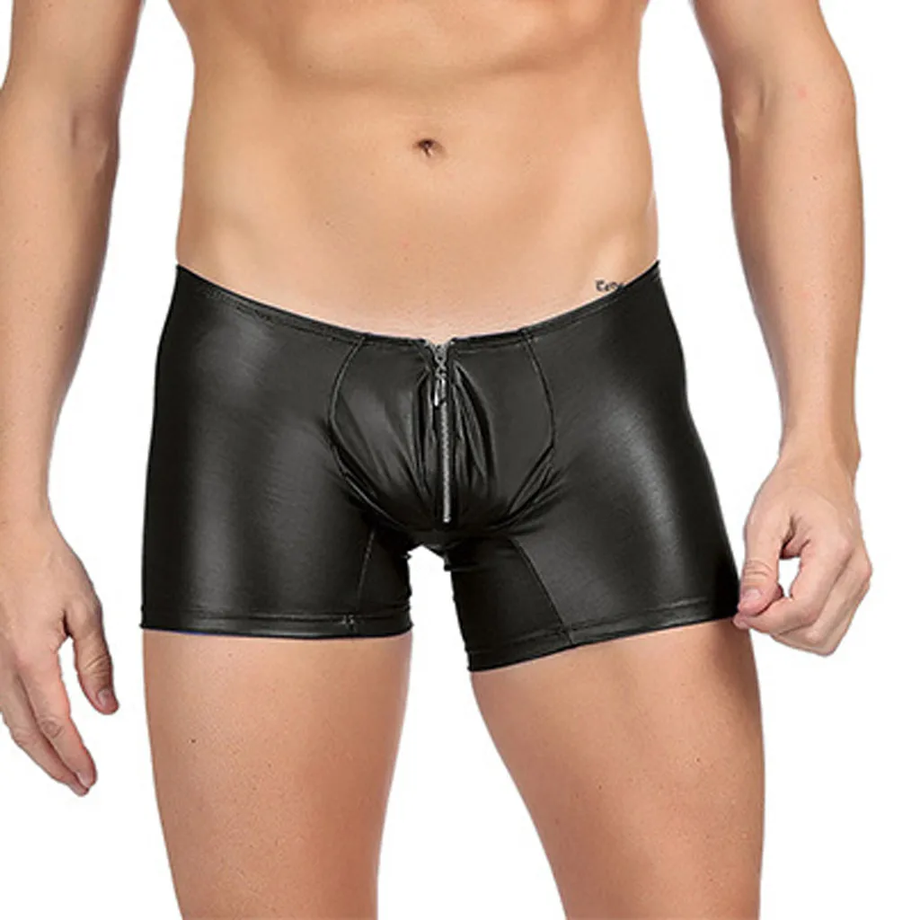 Мужские трусы боксеры с молнией сексуальные кожаные открытым носком для геев