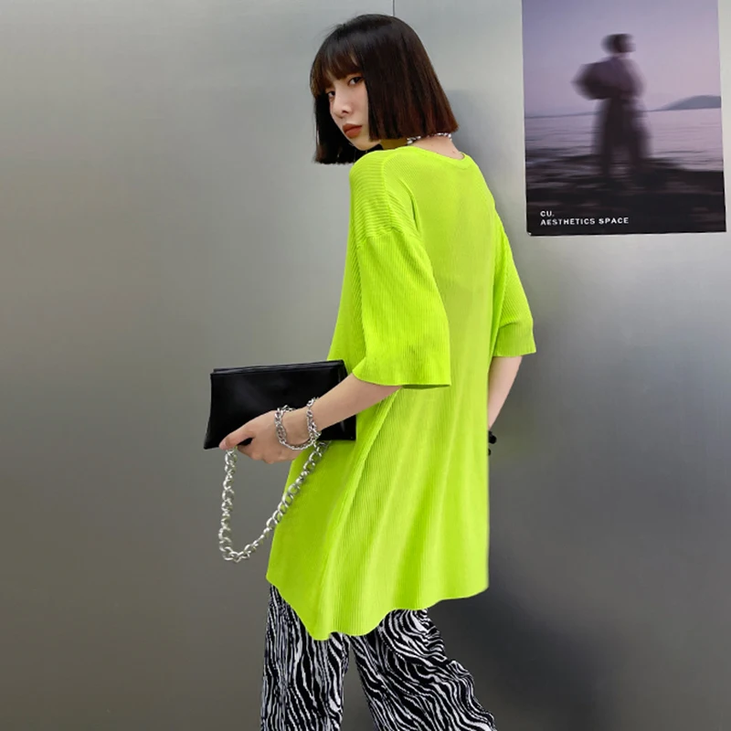 

[EAM] Women Green Multicolor Thin Big Size Big Size T-shirt New V-Neck Half Sleeve Fashion Tide Spring Summer 2021 1DD7923