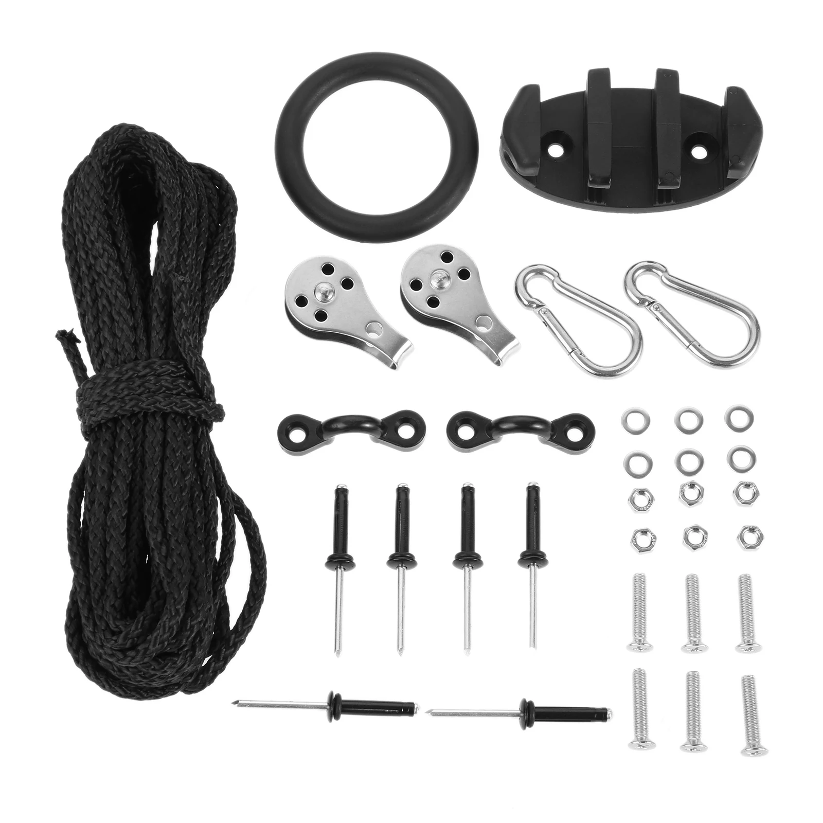 

Kayak Anchor Trolley Kit 9.1 meter Rope with Cleat Nylon Rigging Ring Pulleys Snap Hooks Rivets Screws with Washers and Lock Nut