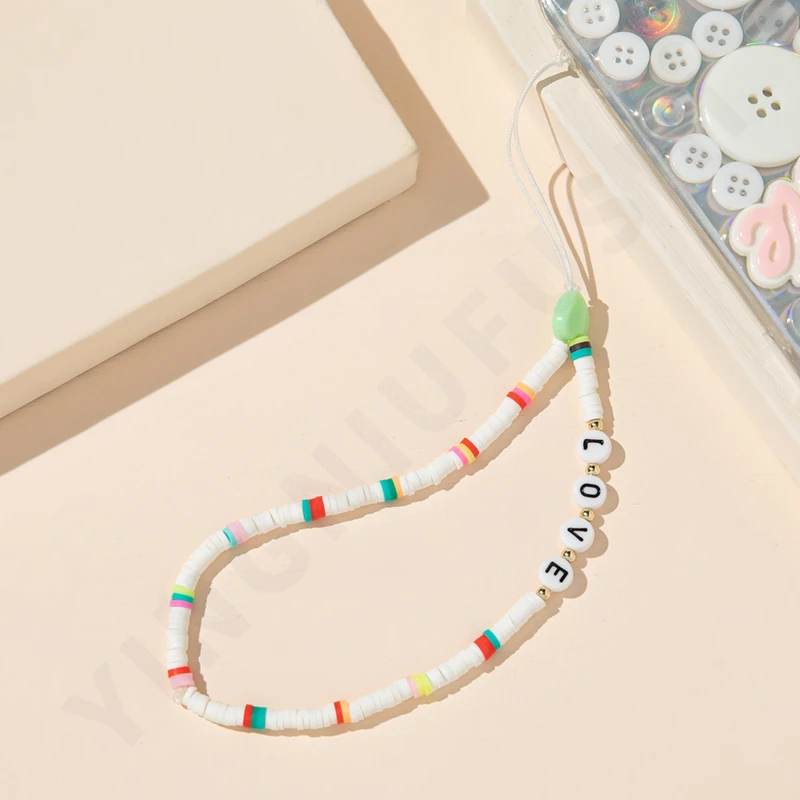 Green Acrylic Mobile Phone Lanyard Soft Pottery Love Mobile Phone Chain Short Anti-Lost Ladies Key Lanyard Strap Jewelry Summer