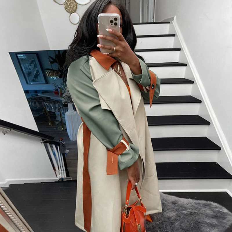 Женский двубортный Тренч Fitaylor длинный с отложным воротником на шнуровке