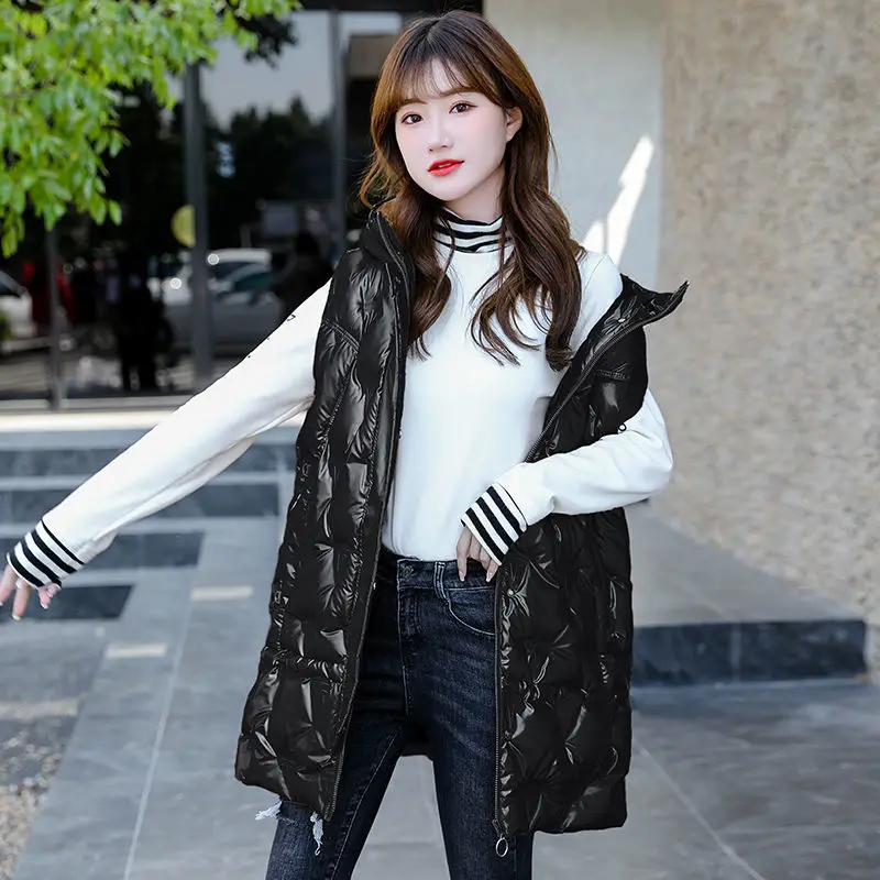 

Glossy Down Cotton Mid -Length Ladies ' Vest 2021 Autumn And Winter Student Hooded Collar Sleeveless Vest