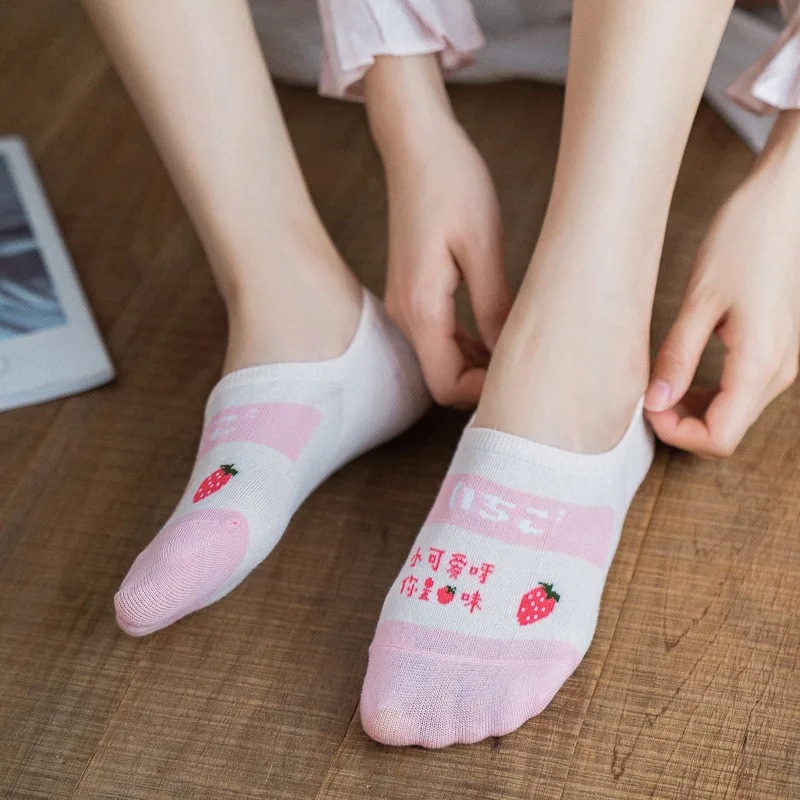 Woman cartoon fruit invisible socks funny strawberry lemon cherry avocado summer socks breathable kawaii cute socks slippers