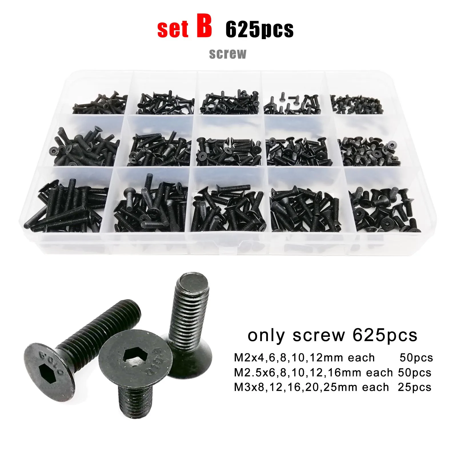 400/2100pcs M1.6 M2 M2.5 M3 M4 M5 Black Grade 10.9 Steel Hex Hexagon Socket Flat Countersunk Head Screw Bolt Nut Washer Set Kit |