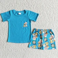 wholesale baby boy new style summer clothing blue short sleeve pocket shirt shorts children boutique kids set fashionable outfit