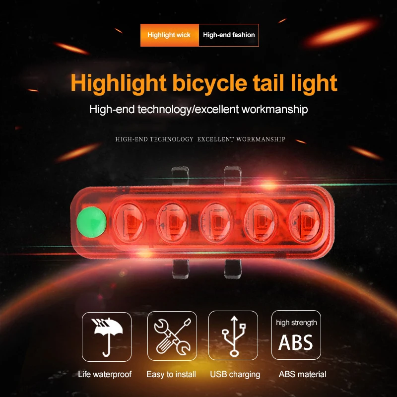 Sepeda Lampu Sepeda Belakang Outdoor Yang Berkuda USB Pengisian 5led Sorot Keselamatan Tahan Air Warning Light Aksesoris Berkuda
