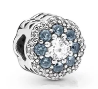 genuine 925 sterling silver bead charm pave blue sparkle flower crystal beads fit pan bracelet necklace diy jewelry