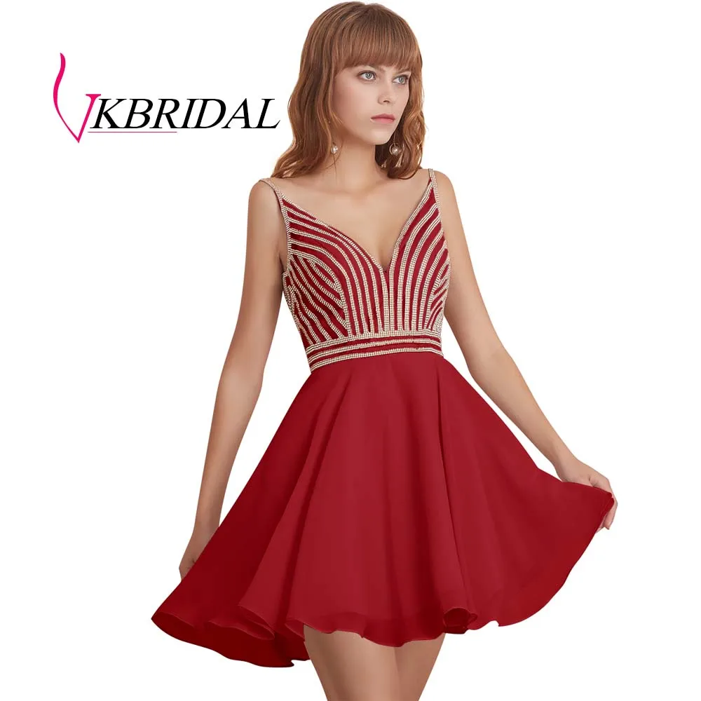 VKBRIDAL сексуальное короткое платье с v-образным вырезом для выпускного вечера Новое шифоновое бисерное милое платье с v-образным вырезом сзади - Цвет: Красный