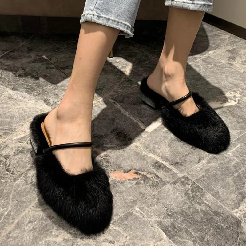 

Women Fur Slippers Slip On Slides Fashion Ladies Mules Round Toe Square Med Heel Female Outdoor Sandals Shoes Woman Flip Flops