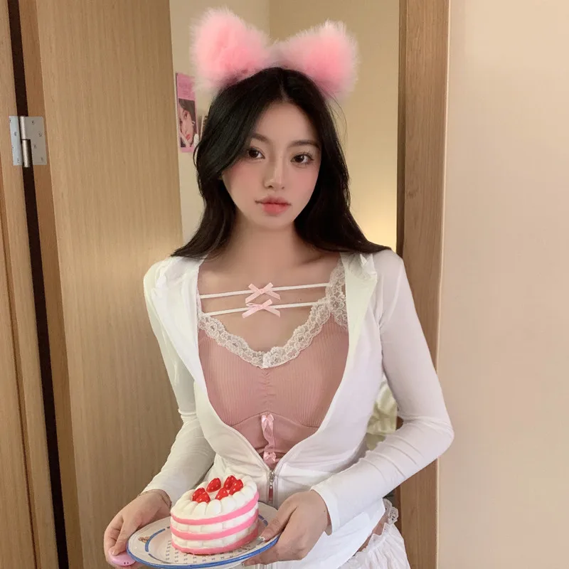 

Pink 2021 Cute Y2k Bow Decoration Sweet Girl Style Aesthetic Kawaii Women Clothing