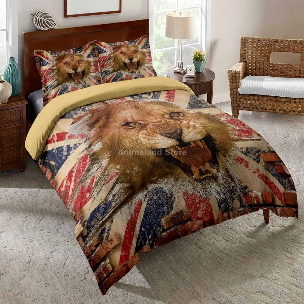 

British Flag Lion Bedding Set Animal Fashion Modern Luxury Duvet Cover Sets Comforter Bed Linen Queen King Single Size Dropship