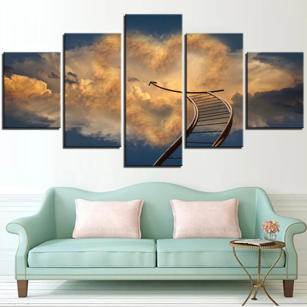

5 Pieces Clouds Heart Shape Canvas Posters Sky Romantic Slide Ladder to Love For Home Room Decor Art Framework Modular