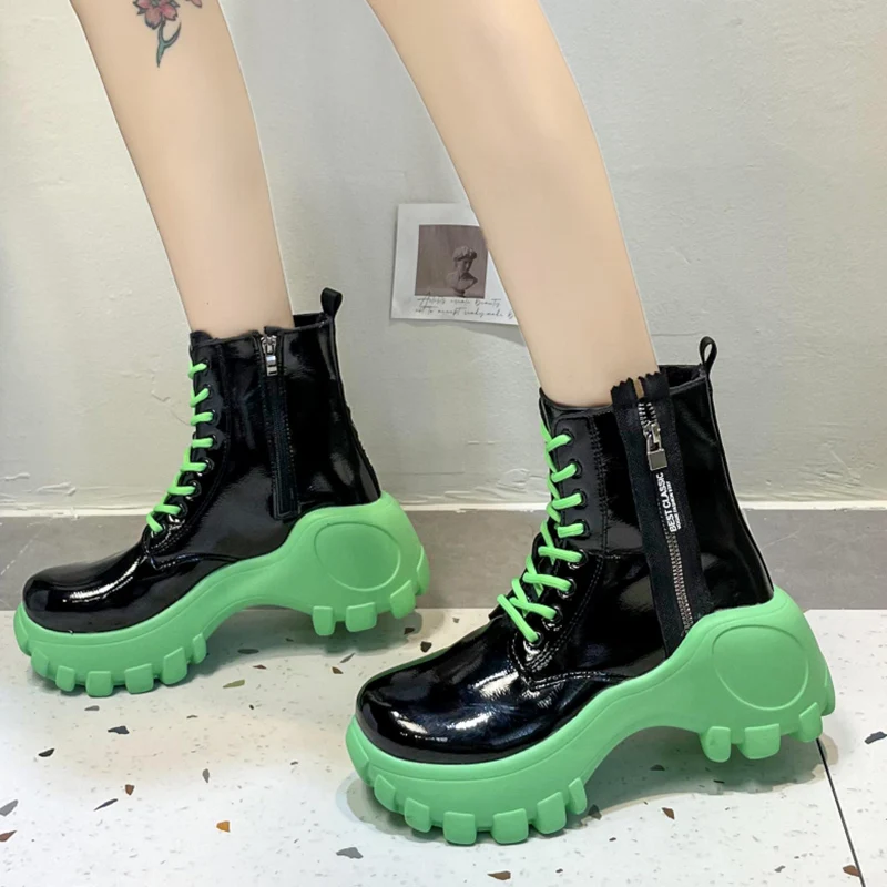 

Rimocy Non Slip Chunky Boots Platform Women Patent Leather Square Toe Ankle Boots Woman Lace Up Thick Heels Motorcycle Booties
