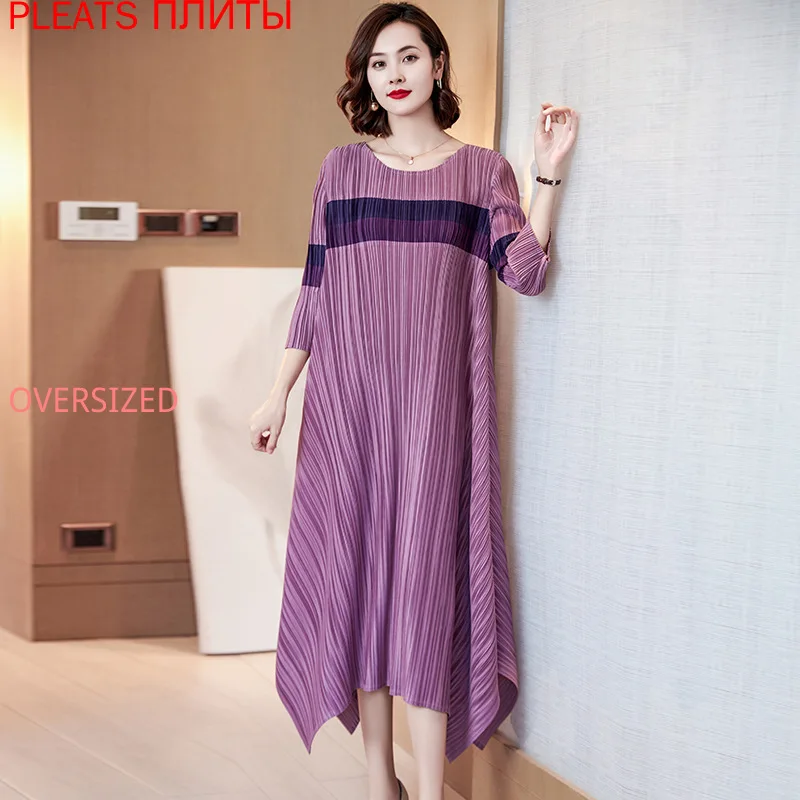 

MIYAKE Pleated 2022 Autumn New Patchwork Printed Dress Three-quarter Sleeves Round Neck Elegant Vestido Ropa Mujer Korean Dress