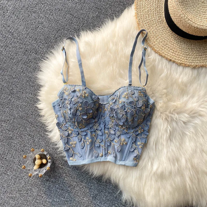 

French Romance Floral Embroidery Bustier Corset Top 2021 New Women Summer Ultrathin Push up Bra Adjustable Strap Cami Tank Top