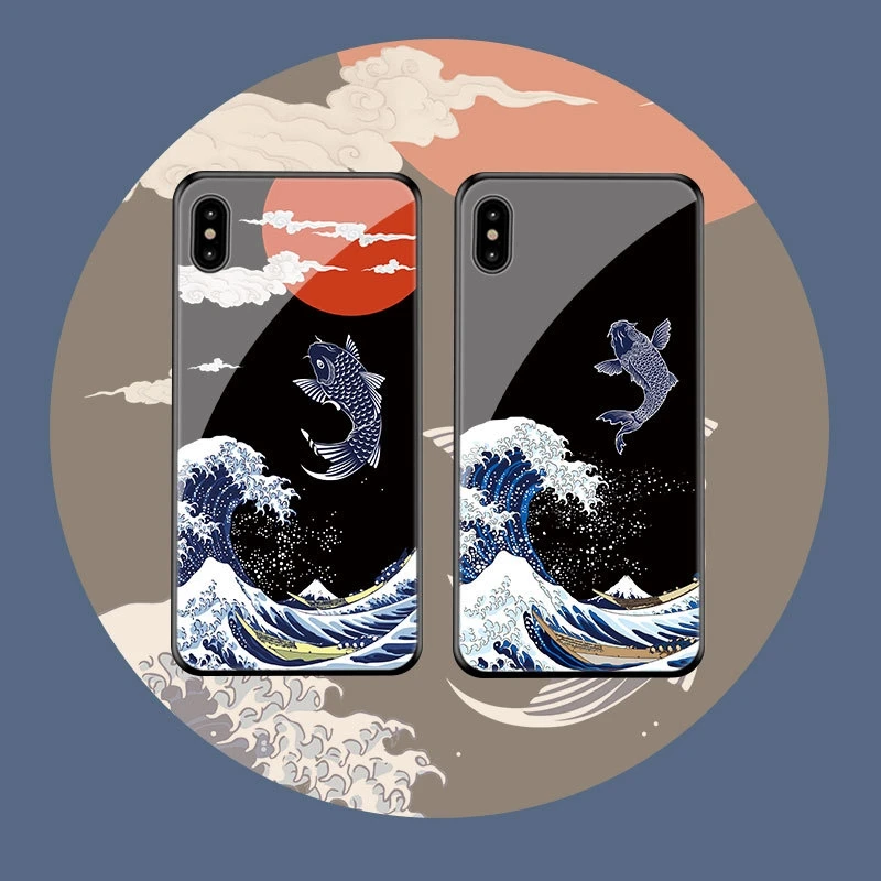 for iphone 11 pro max 11pro xs max xs xr x 7 8 6 6s plus case hd pattern wave carp crane tempered glass shockproof tassel cover free global shipping