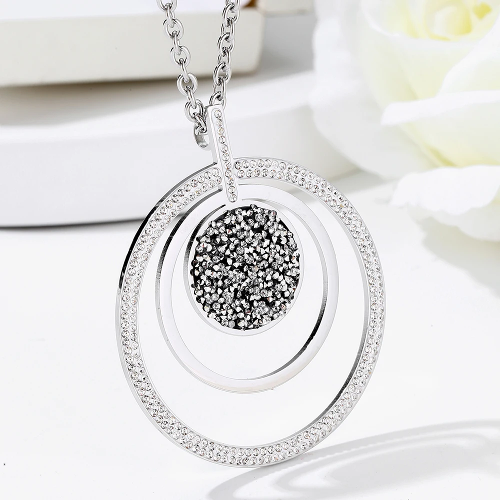 

3 Circle Color Crystal Hollow Pendant Necklace For Women Big Round Stainless Steel Female Jewelry Gift Choker joias feminina