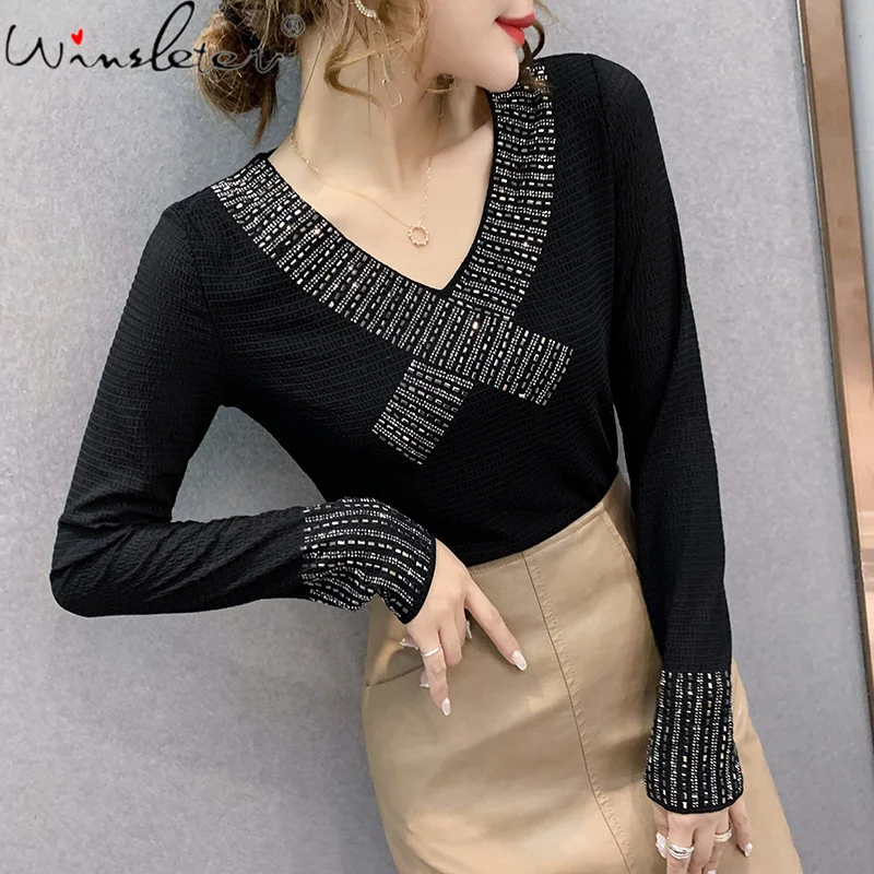 

Spring Fall Korean Style T-Shirt Girls Fashion Sexy V-Neck Diamonds Beads Patchwork Elastic Women Tops Long Sleeve Tees T12208A