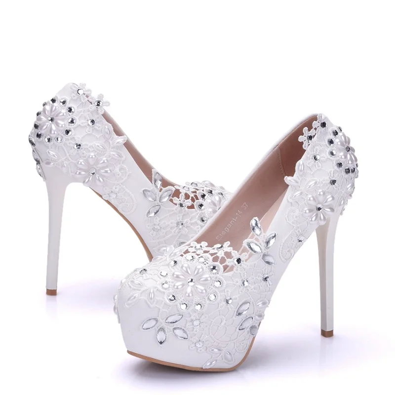 

Новинка 2018 года; сезон весна-лето; женские туфли на высоком каблуке 14 см; белые кружевные сетчатые туфли со стразами; Водонепроницаемая плат...
