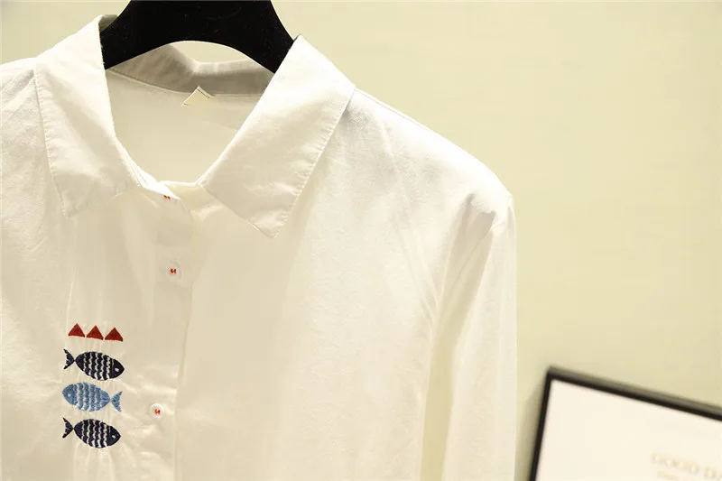 Women Blouses Shirts Tunic Womens Tops And Blouses 2020 Womenswear Long Sleeve Clothing Button Up Down White Embroidery Fish