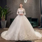 Женское свадебное платье со шлейфом, элегантное кружевное платье с круглым вырезом и длинным рукавом, эффектное платье с вышивкой, 2022