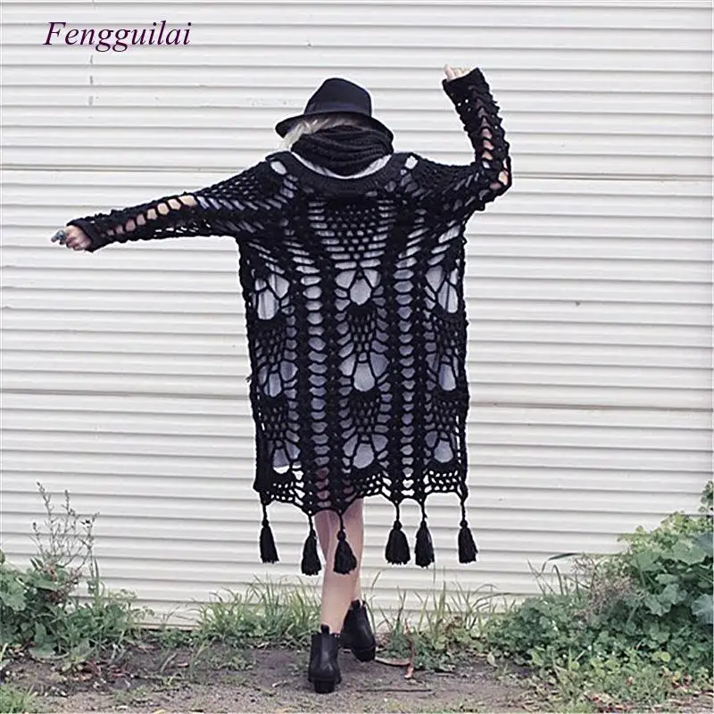

Bohemian Long Hand knitted Cardigan coarse Hook Flowers wool loose Long Hollow sweater Beach Irregular Knit coat with Tassels