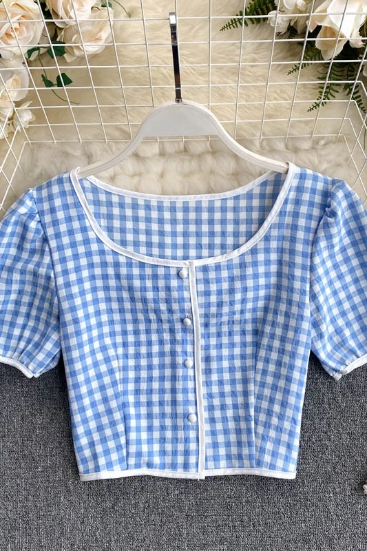 

ZOSOL 2020 Style Ins Women's Short-Sleeve Shirt Western Style Puff Sleeve Retro Plaid Short Cardigan Top Fashion All-match