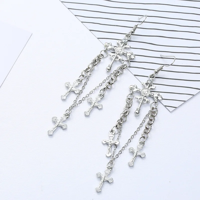 Design cross earrings 3 tassel pendant ladies punk fashion bohemian long 2019 European and American new |