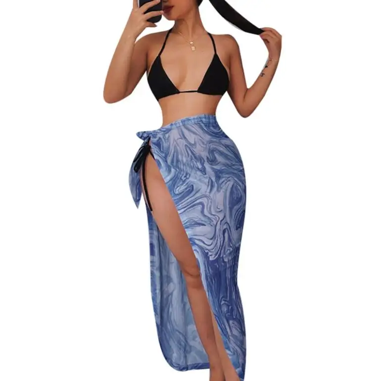 

Women Mesh Beach Sarongs, Sexy High Waist Abstract Striped Print Swimsuit Wrap Skirt Bikini Cover Up