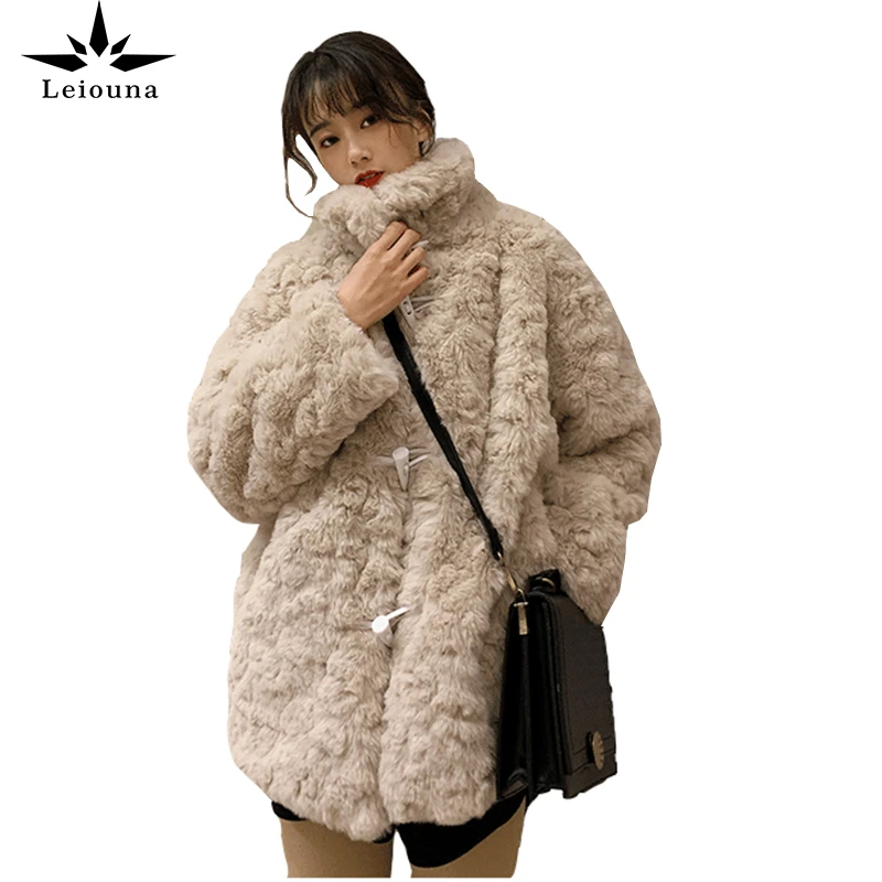 

Женское длинное плотное меховое пальто Leiouna, теплое вязаное пальто средней длины из меха кролика Рекс, Осень-зима 2020