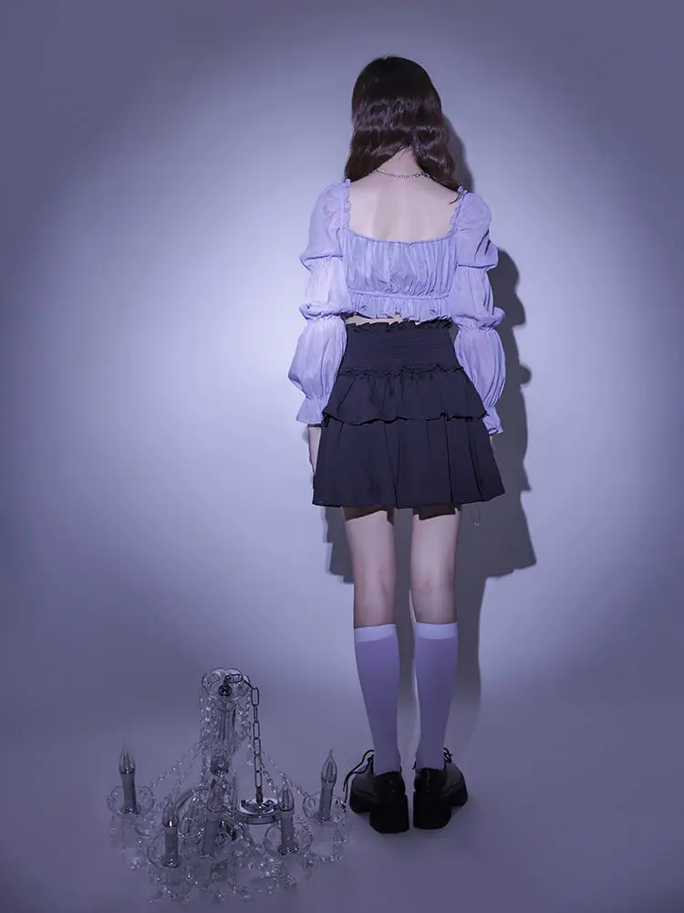 

2021 bow-knotted chiffon short shirt with wood ears + sweet cake skirt short skirt summer women's suit