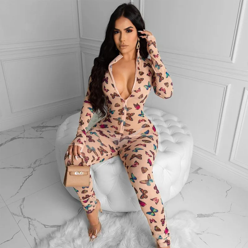 Женский прозрачный Облегающий комбинезон с длинным рукавом молнией спереди и