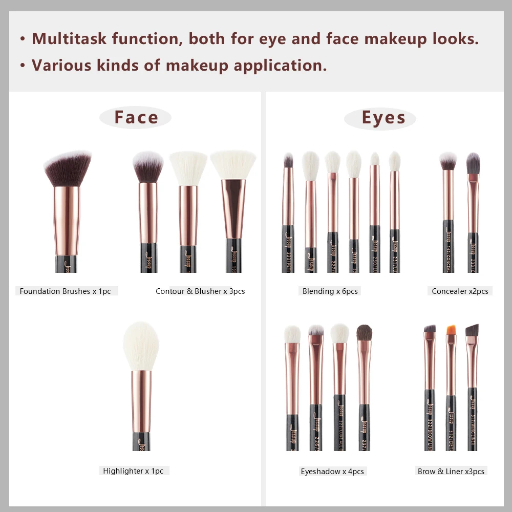 Набор профессиональных кистей для макияжа Jessup розовое золото/черный набор кисти