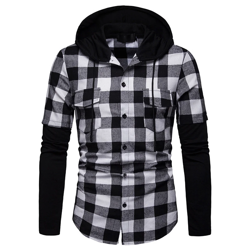 

Casual Plaid Print Hooded Shirts Mens Autumn Fashion Long Sleeve Patchwork Cardigan Coats For Men 2022 Spring Pocket Sweatshirt