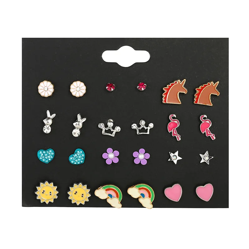 

New 12 Pairs / Set of Classic Mix and Match Popular Sunflower Rainbow Oil Crown Earring Set Female Girl Gift Jewelry