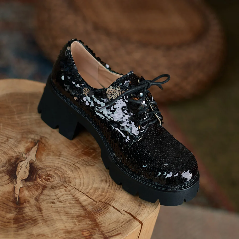 Women Spring Summer Casual Platform Footwear Leather Oxford Shoes Ladies Round Toes Lace Up Chunky Heels Black Silver Gold Green | Обувь