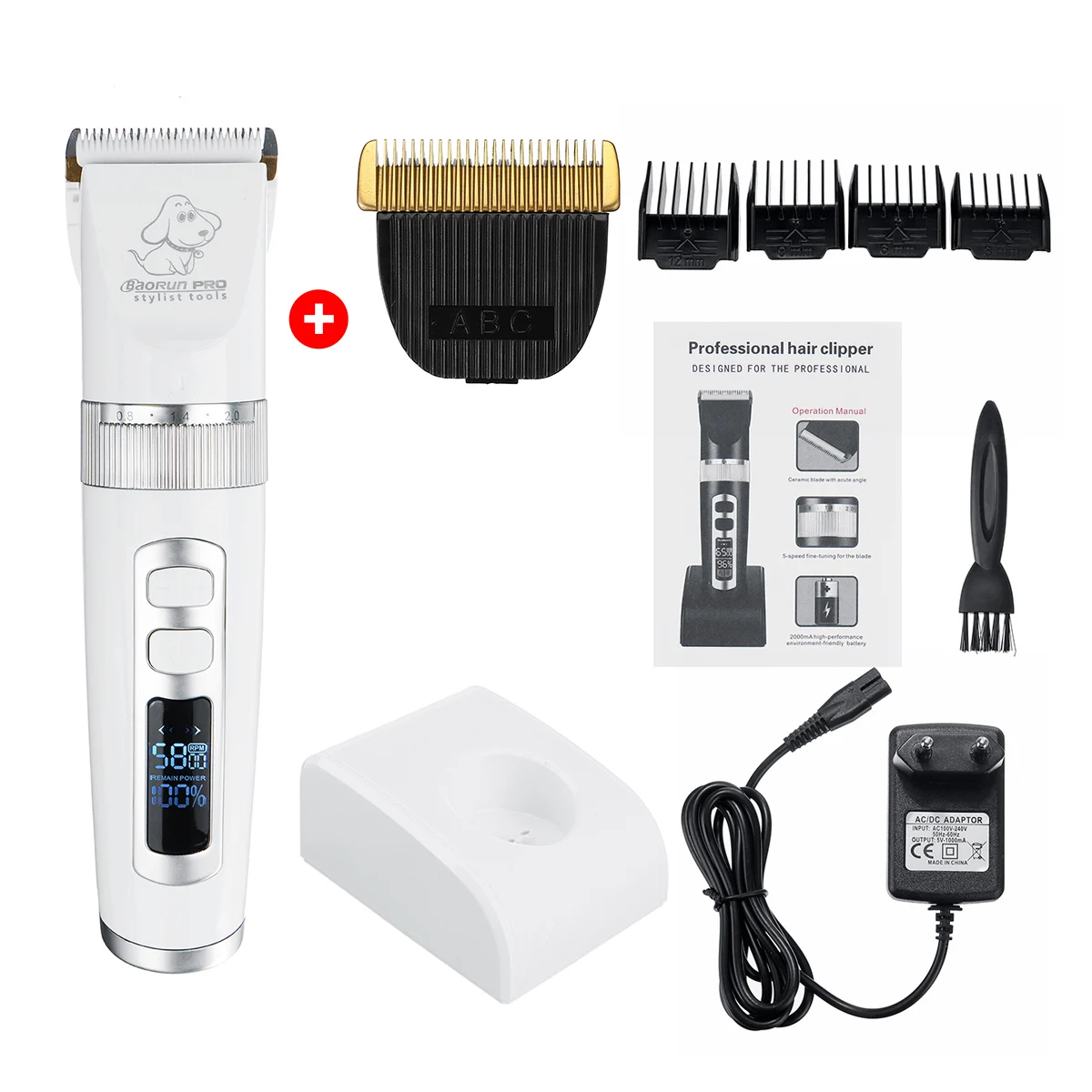 White with Blade 2000 мАч Электрический заряжаемый Триммер для кошек и собак 3 шестерни 5 скоростей светодиодный малошумный клипер для стрижки собак набор бритв+ 4 ограничивающие насадки - Цвет: White with Blade