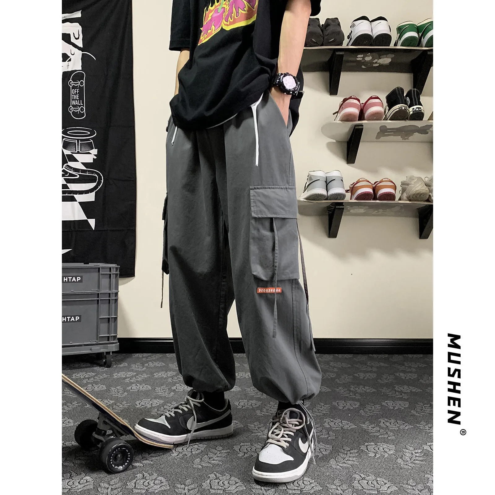 

Overalls men's summer thin section Japanese drawstring drawstring pants ins trend straight loose multi-pocket casual pants