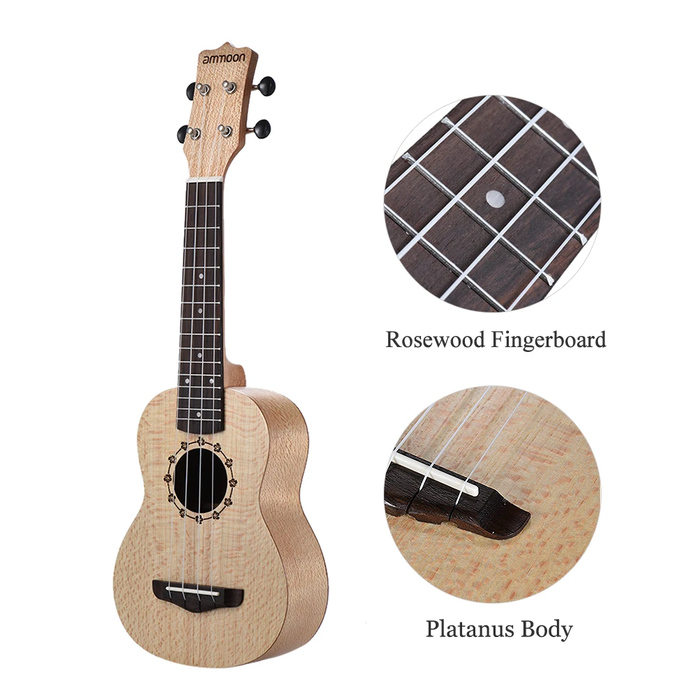 ammoon Soprano Ukelele 21" Ukulele Platanus Body Rosewood Fingerboard 4 Strings Hawaiian Guitar Set with Accessories |
