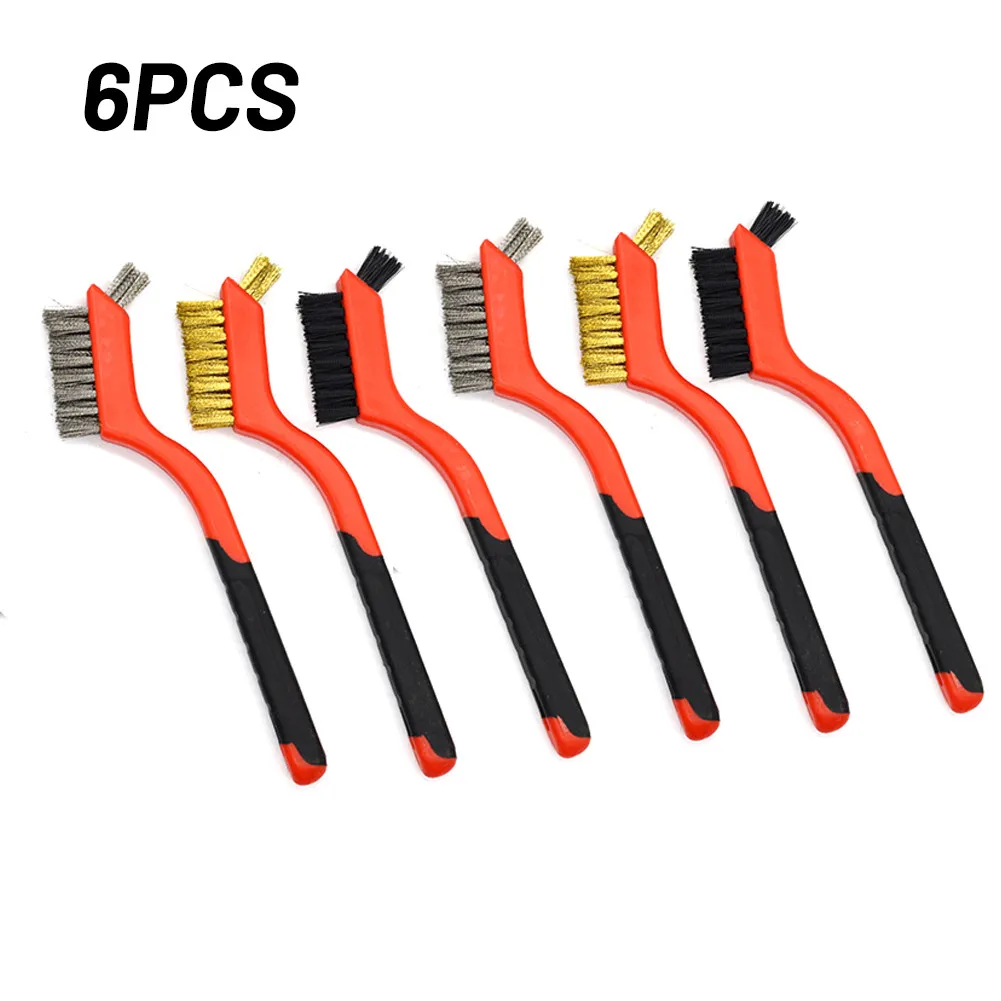 

180mm Brushes 6Pcs Wire Brush Set Brass Nylon & Steel Plastic Handles Polish