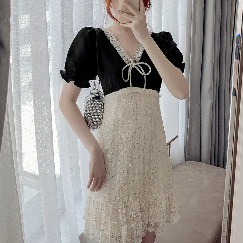 

COIGARSAM Patchwork Women one-piece dress korean New Summer Chiffon Short Sleeve V-Neck Dresses 5570