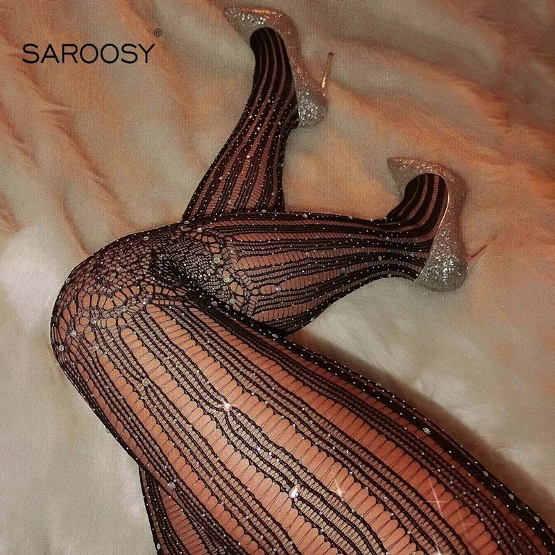 SAROOSY, сексуальные, стразы, ажурные колготки для женщин, высокая талия, в полоску, колготки, сексуальные, кружевные, эластичные чулки,, новое поступление