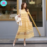 2021 summer new korean temperament lace collar waist openwork lace big swing long holiday dress female solid mesh