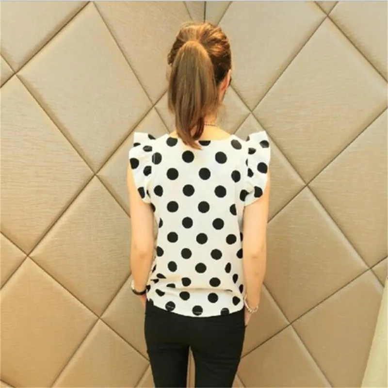 

Fashion Girl Dots Blouse Women Casual Chiffon Shirt Sleeveless Ruffle Sleeve Shirt Summer Tops Black White
