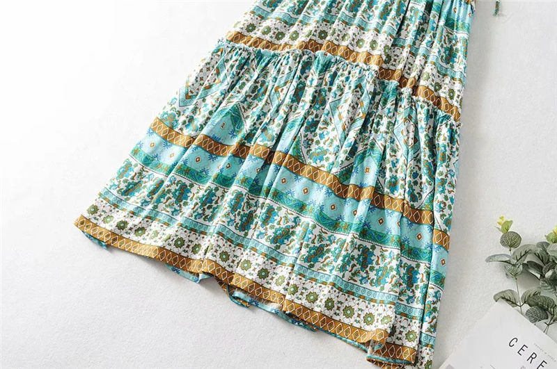 Boho шикарное женское платье с цветочным принтом, с расклешенными рукавами, богемное хлопковое платье макси из вискозы, женское винтажное платье с v-образным вырезом на шнуровке и оборками