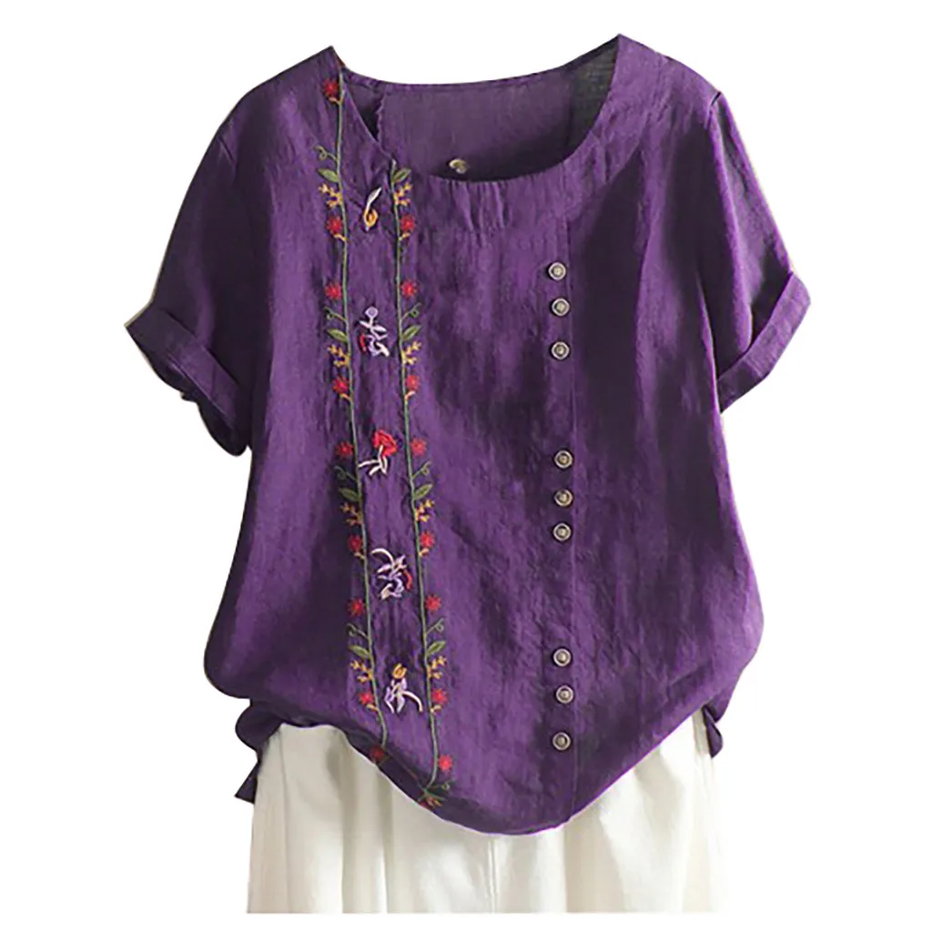 @ Plus Size M-5xl Summer Women Blouse Linen Bohemian Floral Embroidered Loose Tops Short Sleeves Blusas Mujer | Женская одежда