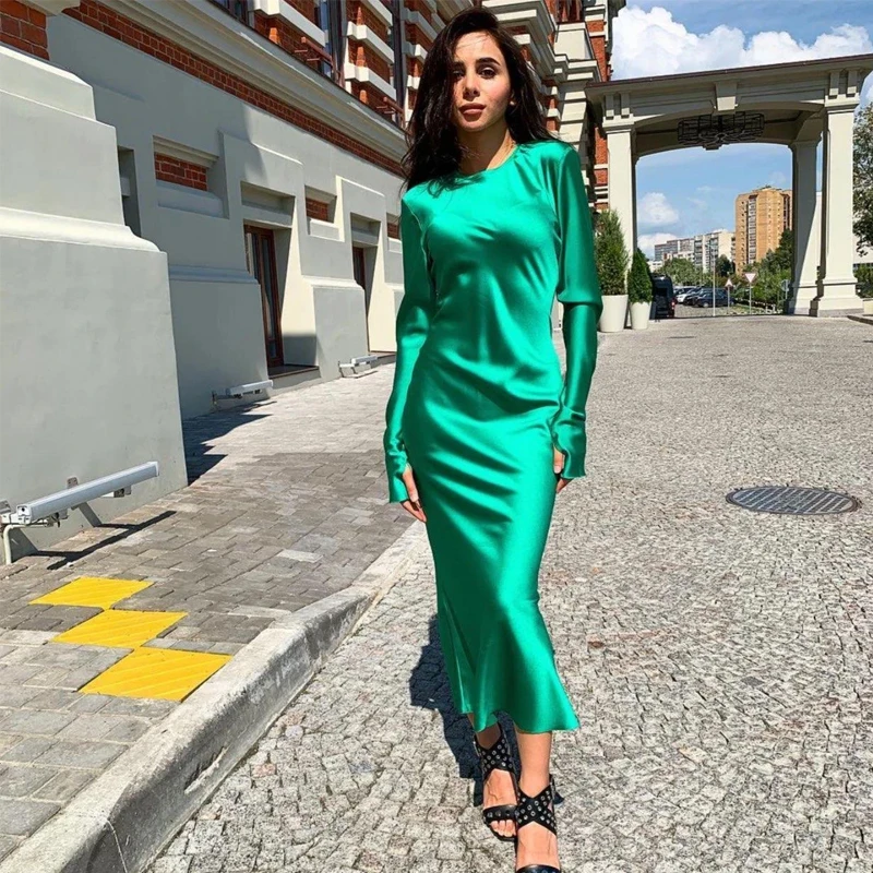 

Sexy Satin Solid Color Slim Mid Dress Women O-neck Long Sleeve Elegant Party Dress 2020 Vintage Fashion Streetwear Dress Vestido