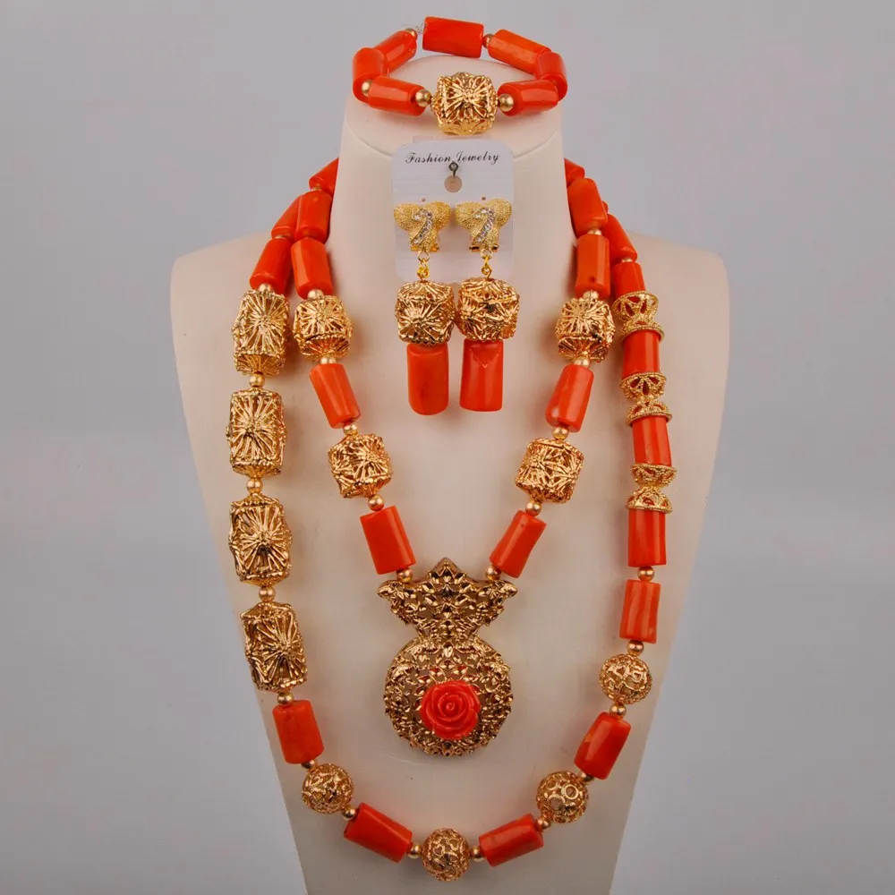 Оранжевый нигерийский коралловый бисер Африканский ювелирный набор Дубай