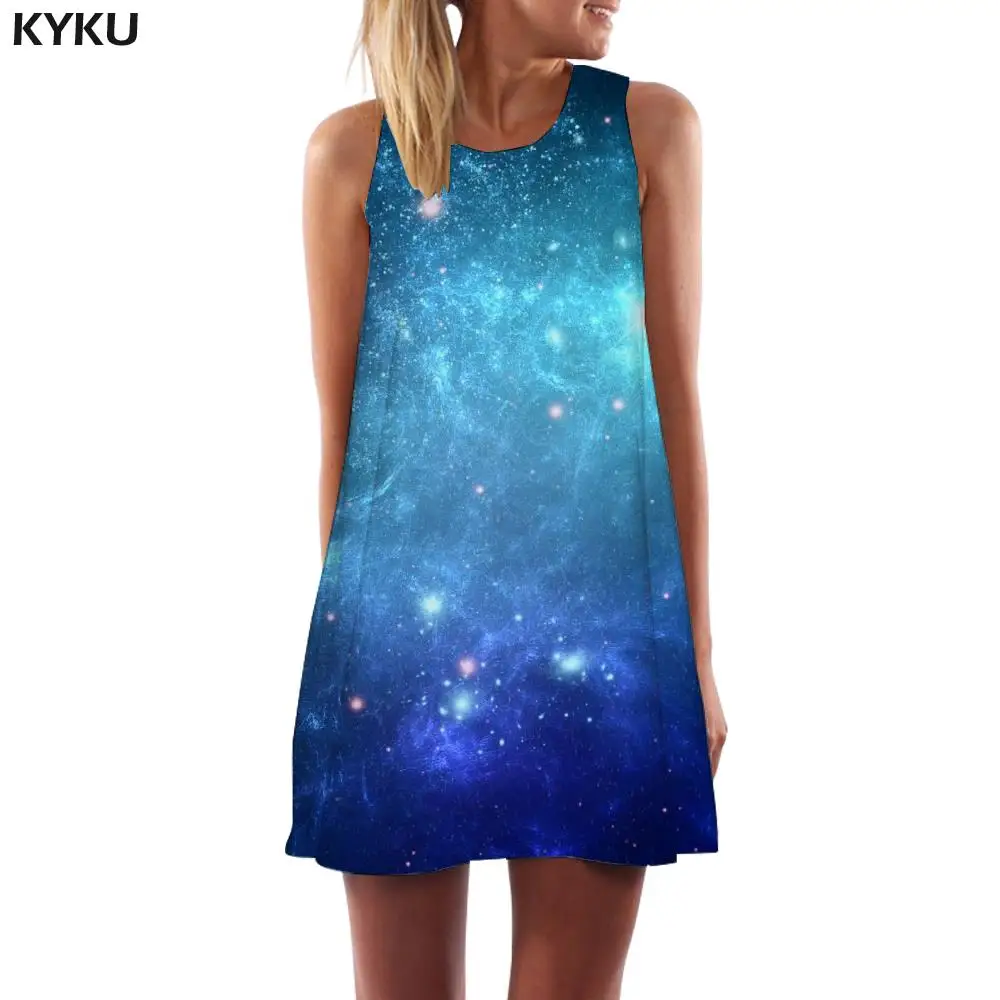 

KYKU Galaxy Dress Women Nebula Boho Space Korean Style Universe Beach Womens Clothing Summer Sleeveless Tunic Cool Femme